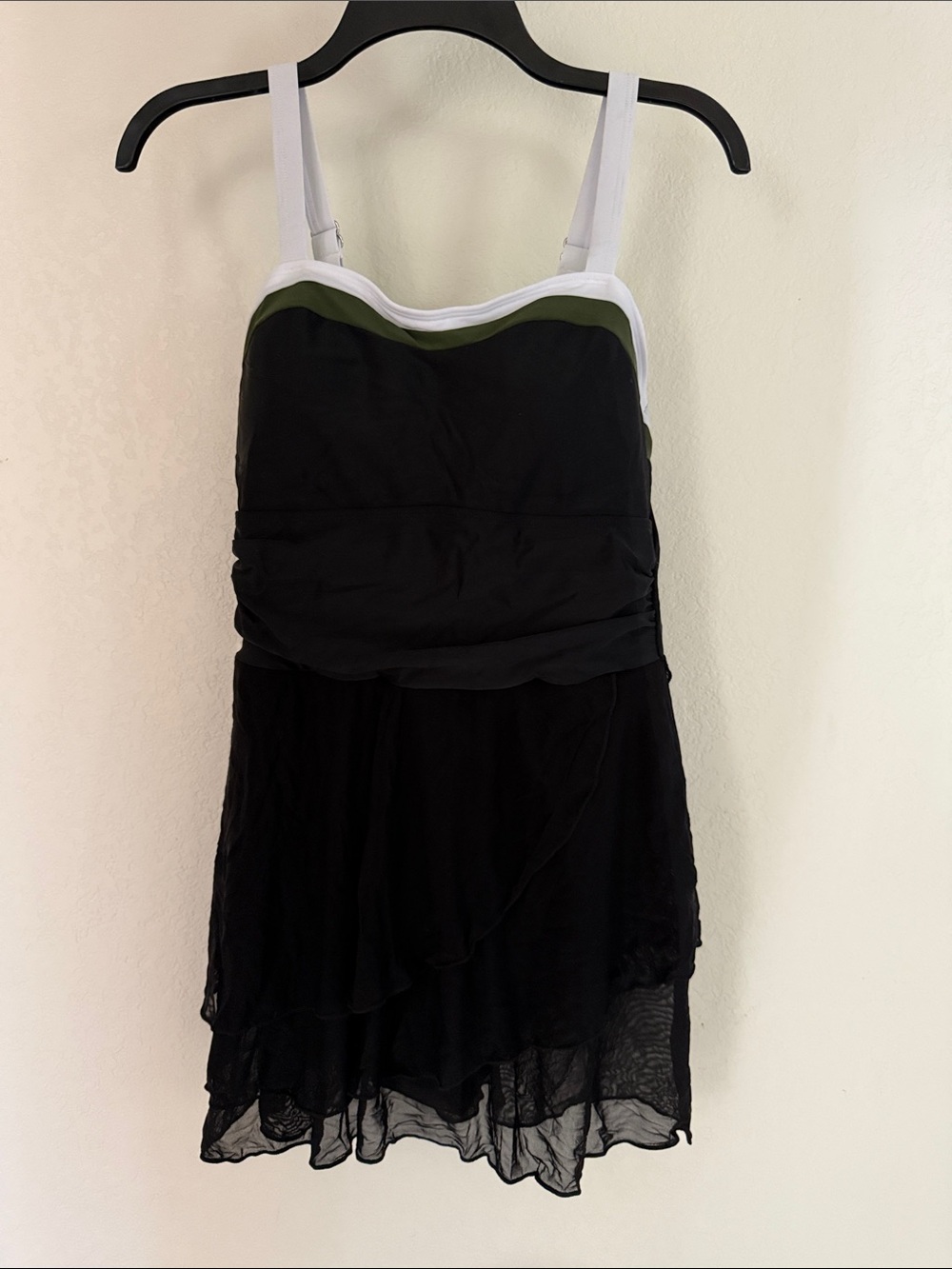 NWT Black One-Piece Swimdress with White Straps and Olive Trim